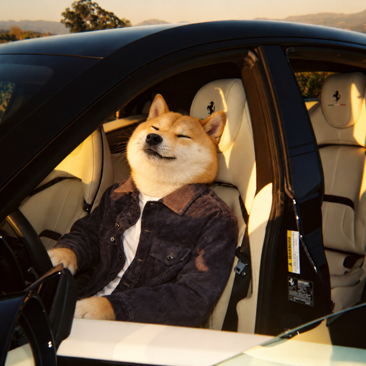 Dogetchi relaxed in a Ferrari at sunset